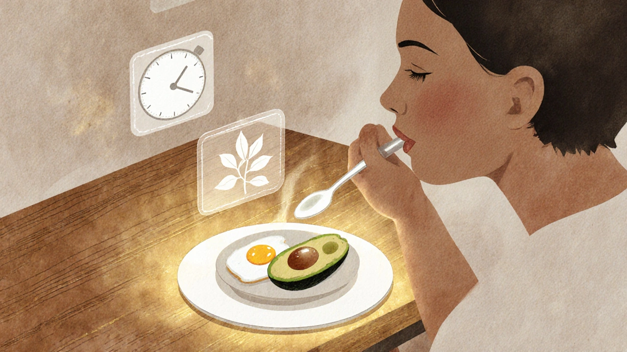 Osoba pomalu žvýká avokádo a vajíčko, nad jídlem se objevují symboly pomalého jídla a klidného dýchání.