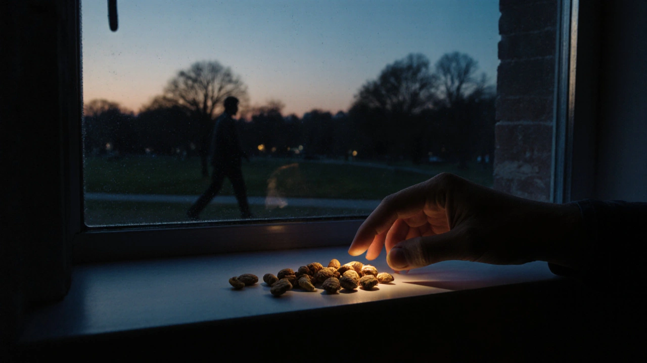 Ruka klade oříšky na okno, za nimi postava pomalu kráčí v parku ve večerním světle.